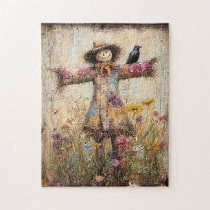 Colorful Folk Art Scarecrow with Wildflowers Jigsaw Puzzle