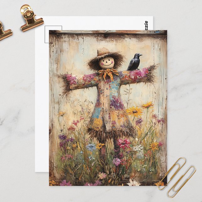 Colorful Folk Art Scarecrow with Wildflowers Postcard (Creator Uploaded)
