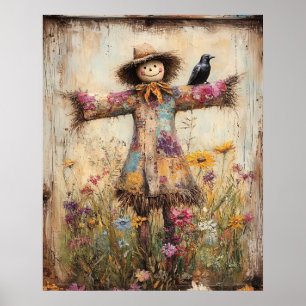 Colorful Folk Art Scarecrow with Wildflowers Poster