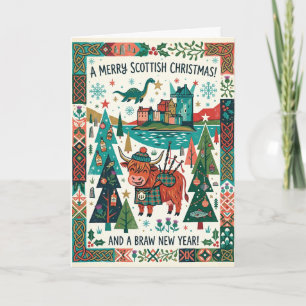 Colorful Folk Art Scottish Christmas Card
