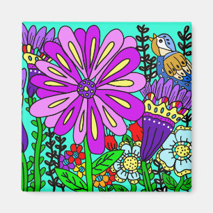 Colorful Folk Art Style Bird and Flowers Magnet