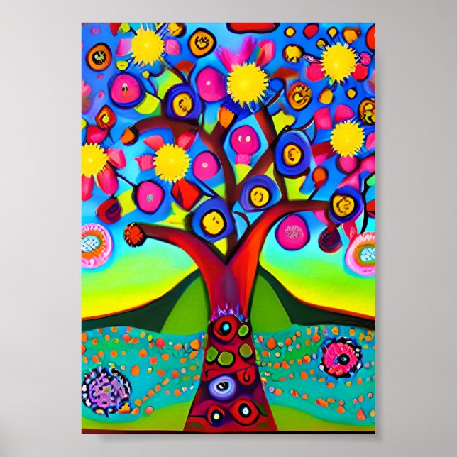 Colorful Folk Art Style Tree   Poster (Front)