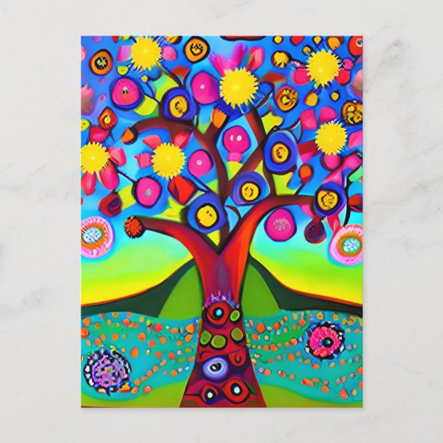 Colorful Folk Art Style Tree | Thinking of You Postcard (Front)