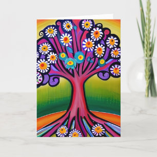 Colorful Folk Art Style Whimsical Tree Birthday Card