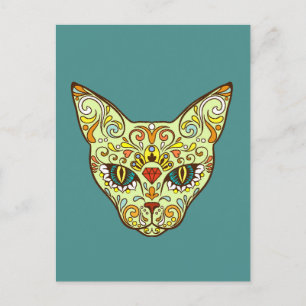 Colorful Folk Art Sugar Skull Magical Cat Postcard