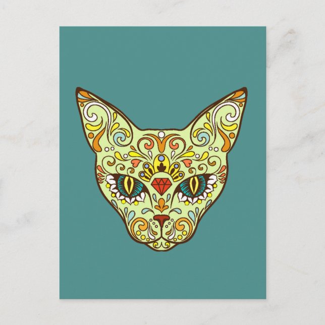 Colorful Folk Art Sugar Skull Magical Cat Postcard (Front)