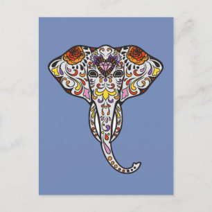 Colorful Folk Art Sugar Skull Magical Elephant Postcard