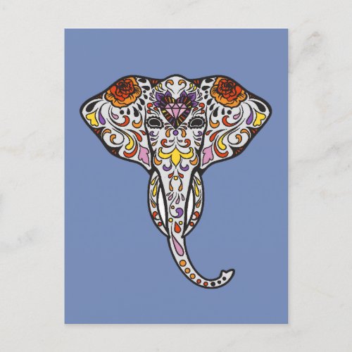 Colorful Folk Art Sugar Skull Magical Elephant Postcard