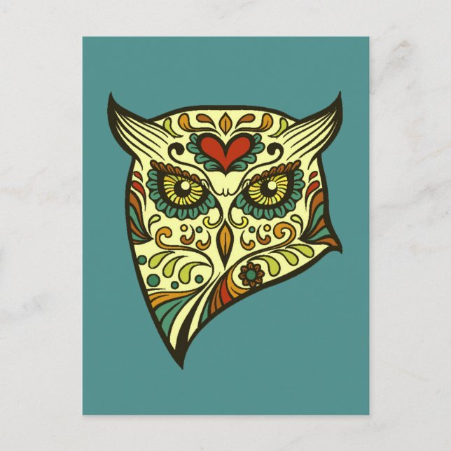 Colorful Folk Art Sugar Skull Magical Owl Postcard (Front)