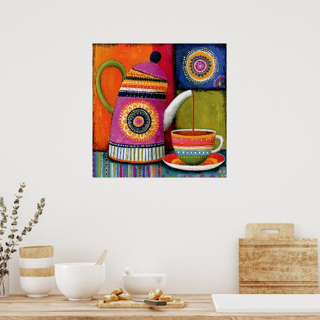 Colorful Folk Art Teapot Poster (Kitchen)