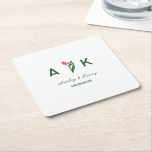 Colorful Folk Art Wildflower Monogram Wedding Square Paper Coaster