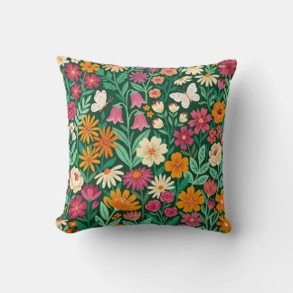 Colorful Folk Art Wildflower Throw Pillow