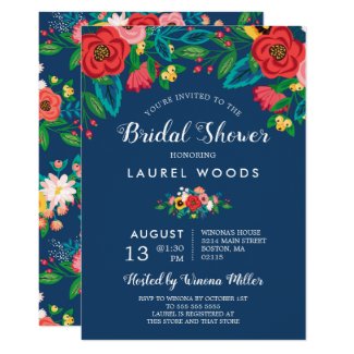 Colorful Folk Bouquets - Boho Blue Bridal Shower Invitation