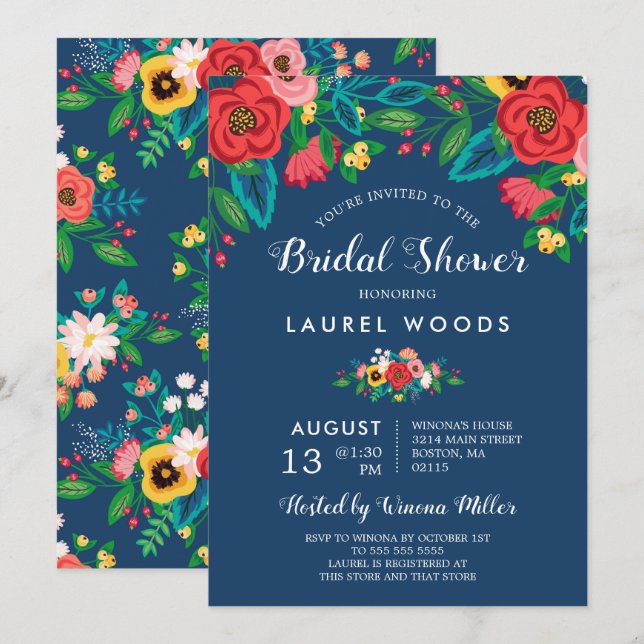 Colorful Folk Bouquets - Boho Blue Bridal Shower Invitation (Front/Back)