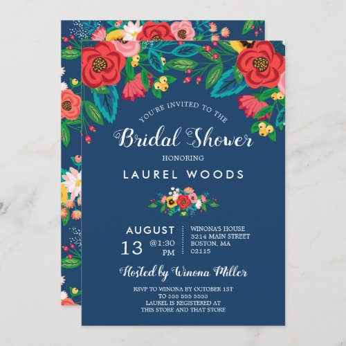 Colorful Folk Bouquets _ Boho Blue Bridal Shower Invitation
