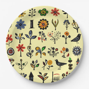 Colorful folk floral and birds paper plates
