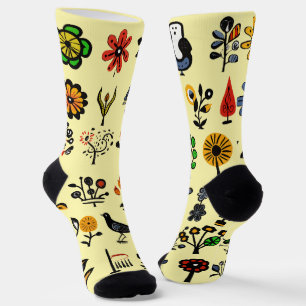 Colorful folk floral and birds socks