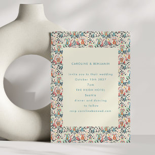Colorful Folk Floral Border Boho Red Blue Wedding Invitation