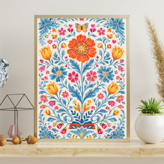 Colorful Folk Floral Pattern with Butterfly Poster