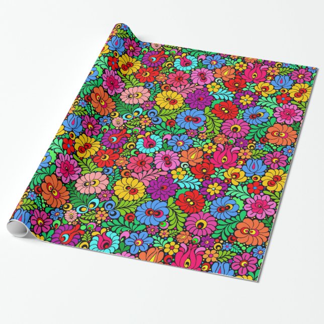Colorful Folk Floral wrapping paper gift wrap (Unrolled)