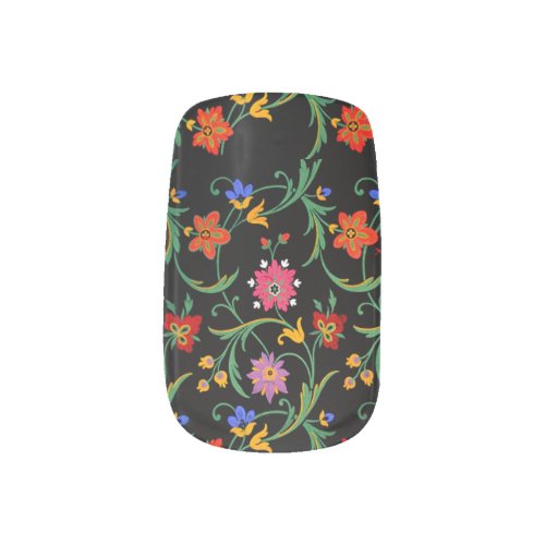 Colorful folk flowers on Black background Minx Nail Art