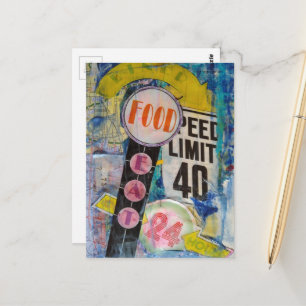 Colorful Food and Speed Limits Mixed Media Collage Postcard