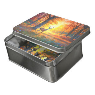 Colorful Forest Fall Colors and Deer art in a Tin Jigsaw Puzzle