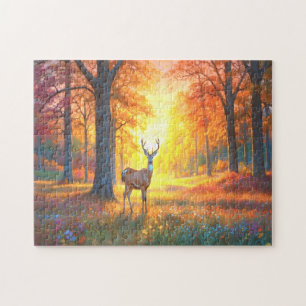Colorful Forest Fall Colors and Deer art Jigsaw Puzzle