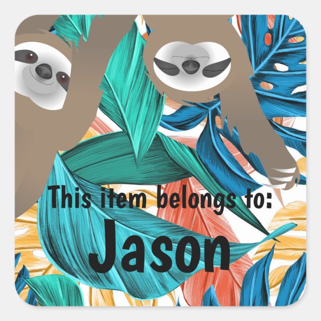 Colorful Forest Hanging Sloths with Name Square Sticker (Front)