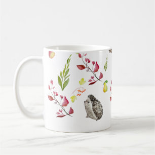 Colorful forest house pattern with bunnies, hedgeh coffee mug