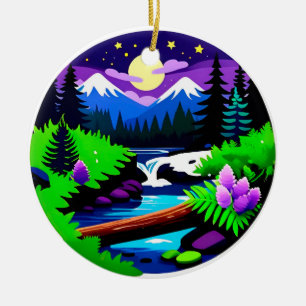 Colorful Forest Landscape With Moonlit Stream Ceramic Ornament