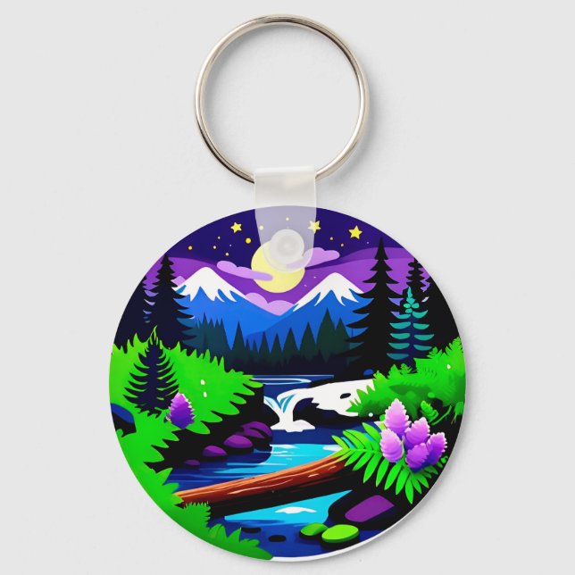 Colorful Forest Landscape With Moonlit Stream Keychain (Front)