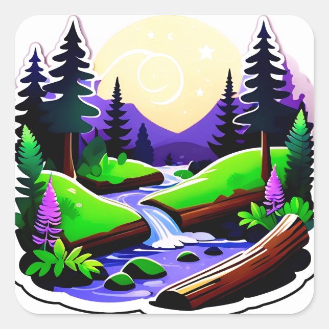 Colorful Forest Landscape With Moonlit Stream Square Sticker (Front)