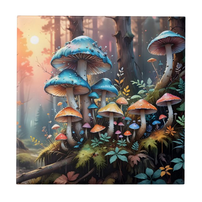 Colorful Forest Mushroom Art Ceramic Tile (Front)