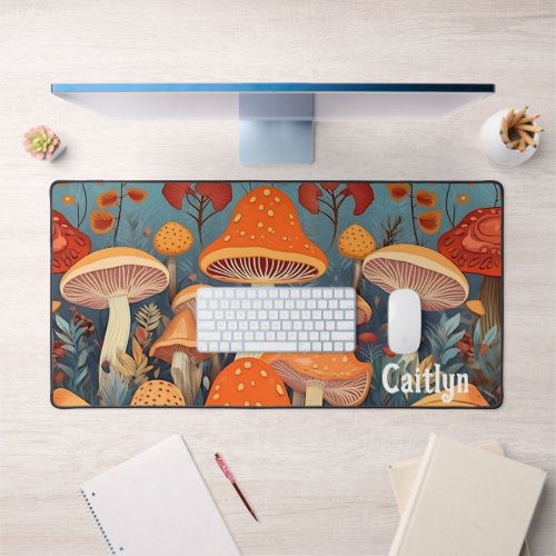 Colorful Forest Mushrooms Personalized Name Desk Mat
