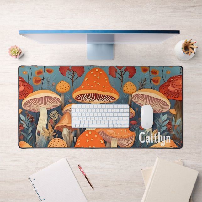 Colorful Forest Mushrooms Personalized Name Desk Mat (Office 1)
