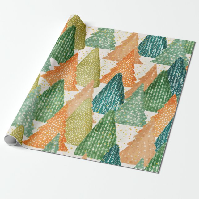 Colorful Forest of Evergreen Christmas Trees Wrapping Paper (Unrolled)