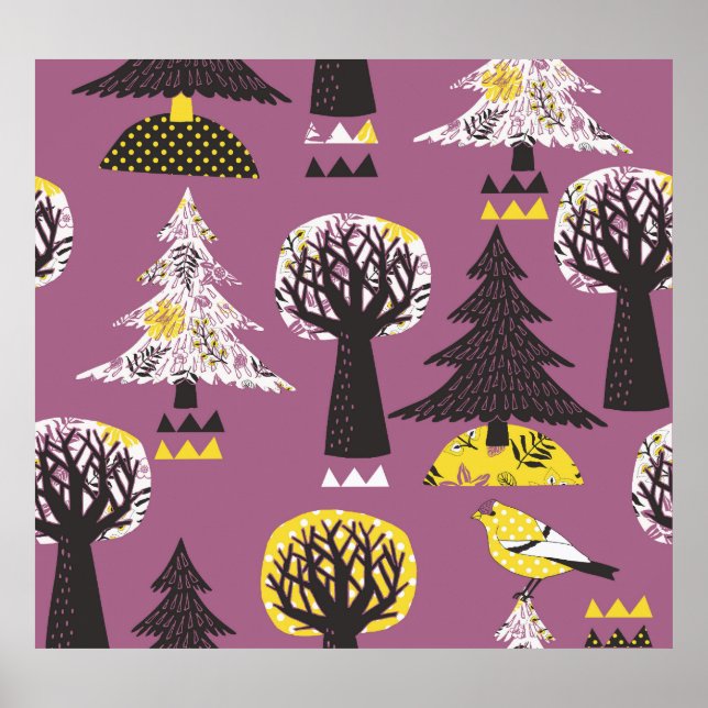Colorful forest with birds, seamless tile. poster (Front)
