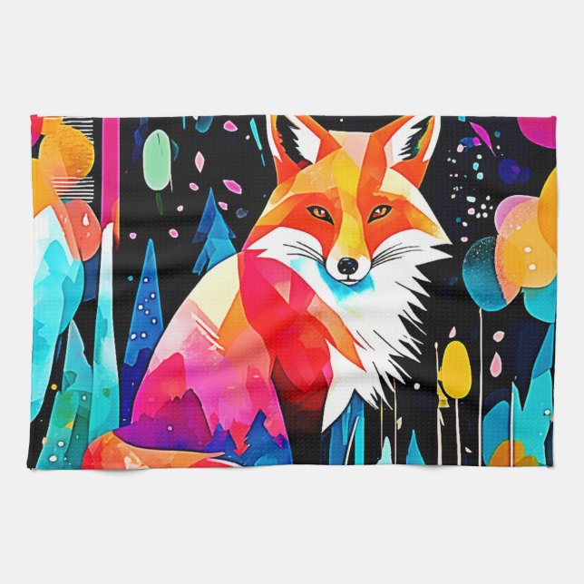 Colorful Fox Abstract Art Kitchen Towel (Horizontal)