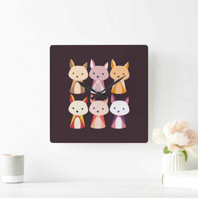 Colorful Fox Cartoon Square Wall Clock (Home)