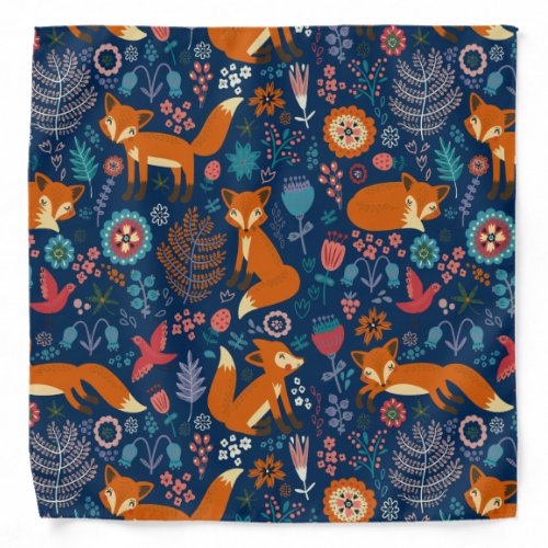 Colorful Foxes Birds  Flowers Pattern Bandana