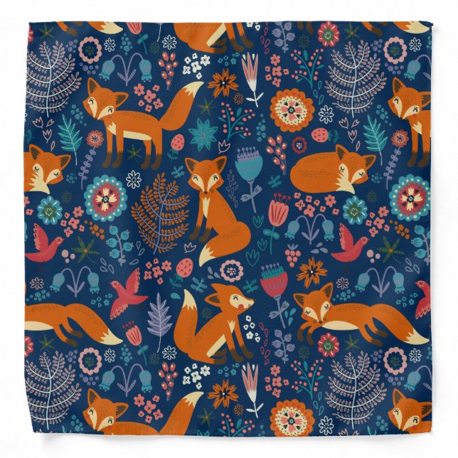 Colorful Foxes Birds & Flowers Pattern Bandana (Front)