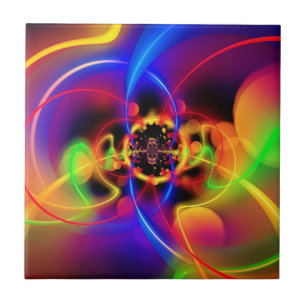 Colorful Fractal Neon Light Waves Ceramic Tile
