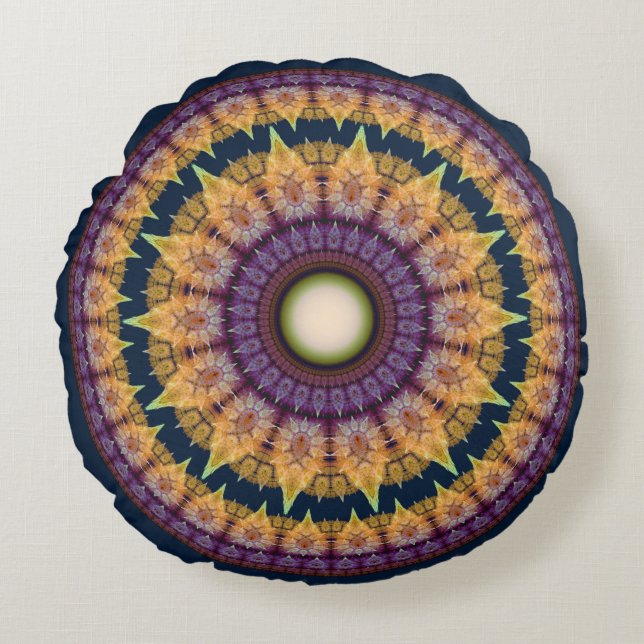 Colorful fractal orange blue mandala round pillow (Front)