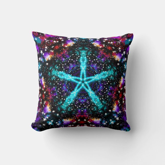 Colorful Fractal Stars Universe Mandala Star Throw Pillow (Front)