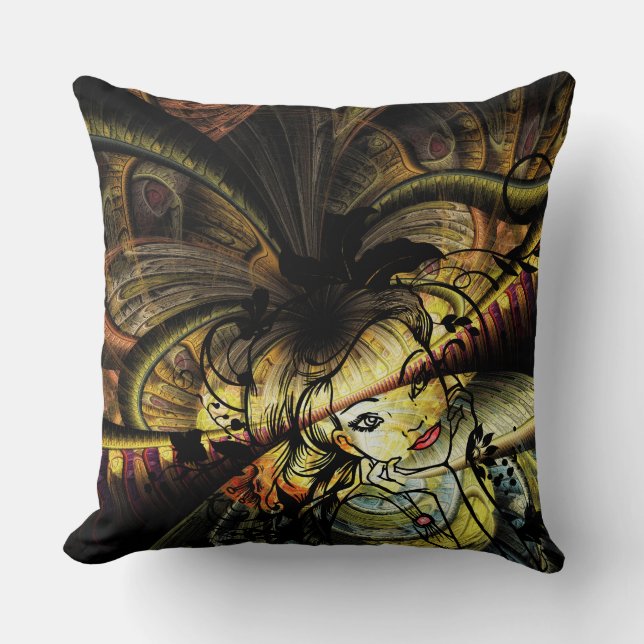 Colorful Fractal With Floral Girl Throw Pillow (Front)