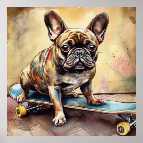 colorful French Bulldog sitting on skateboard Poster