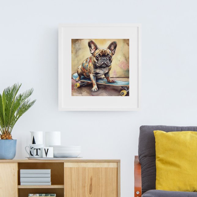 colorful French Bulldog sitting on skateboard Poster (Creator Uploaded)