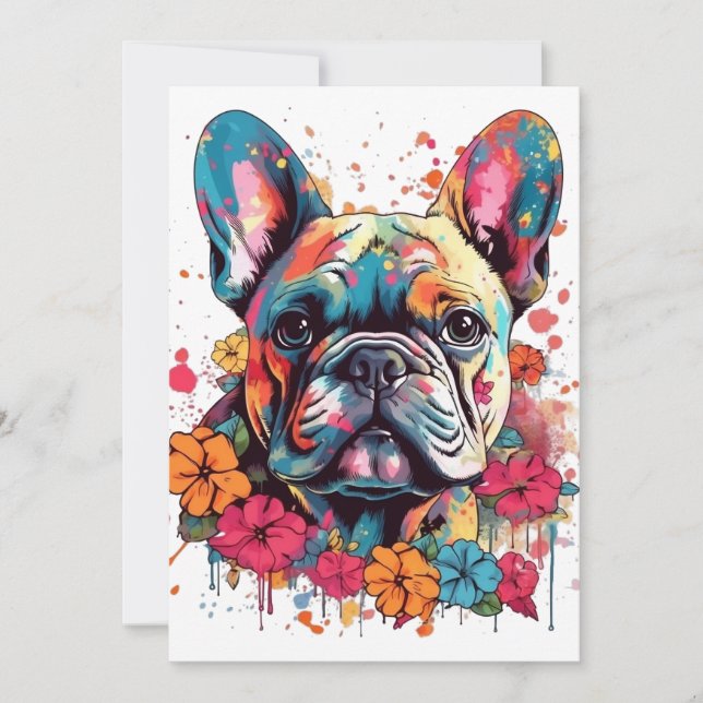 Colorful French-bulldog with flowers Holiday Card (Front)