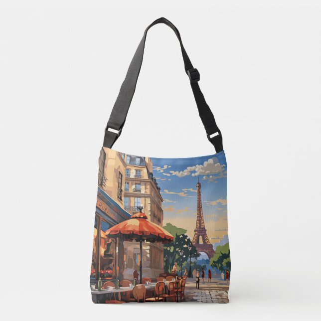 Colorful French Cafe Eiffel Tower Paris France Crossbody Bag (Front)